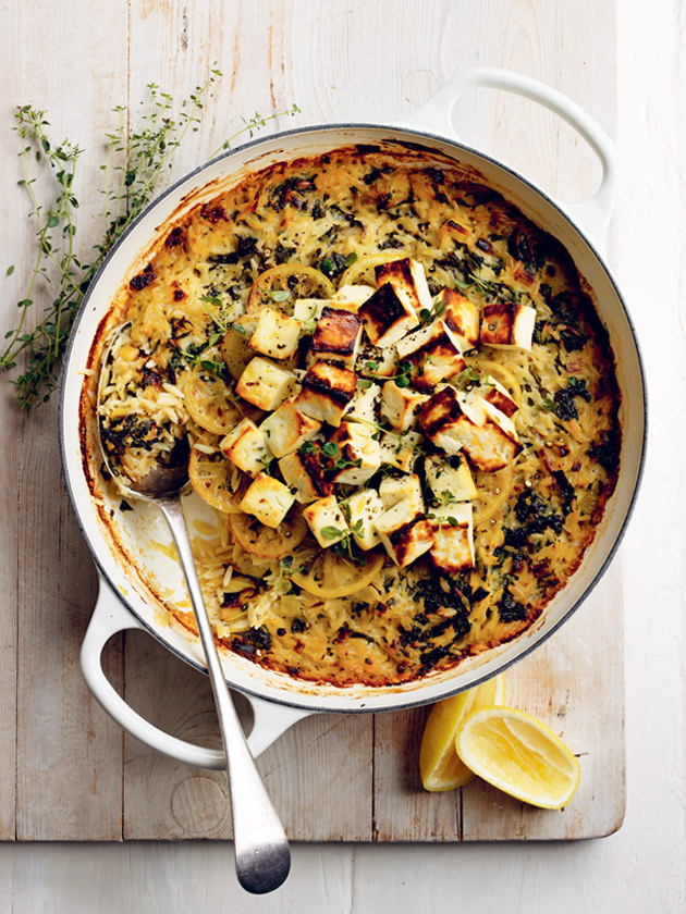 EASY WEEKNIGHTS CRISPY HALOUMI AND LEMON RISONI BAKE