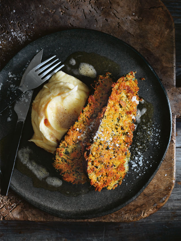 COMFORT COOKING EGGPLANT SCHNITZELS WITH CREAMY MASH AND BURNT BUTTER