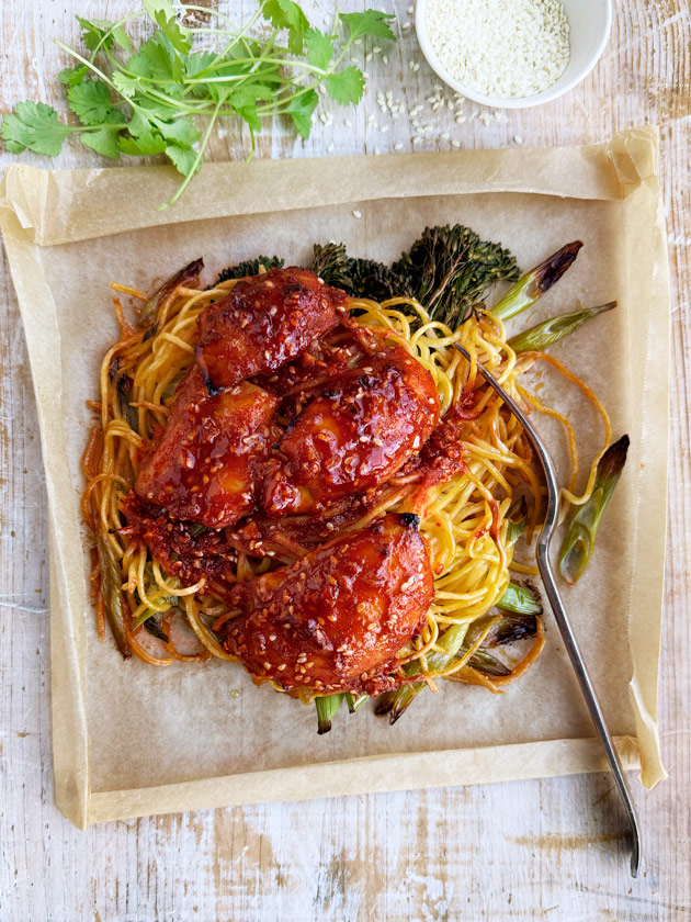 EASY WEEKNIGHT PAPER BAG STICKY KOREAN CHICKEN ON SESAME NOODLES