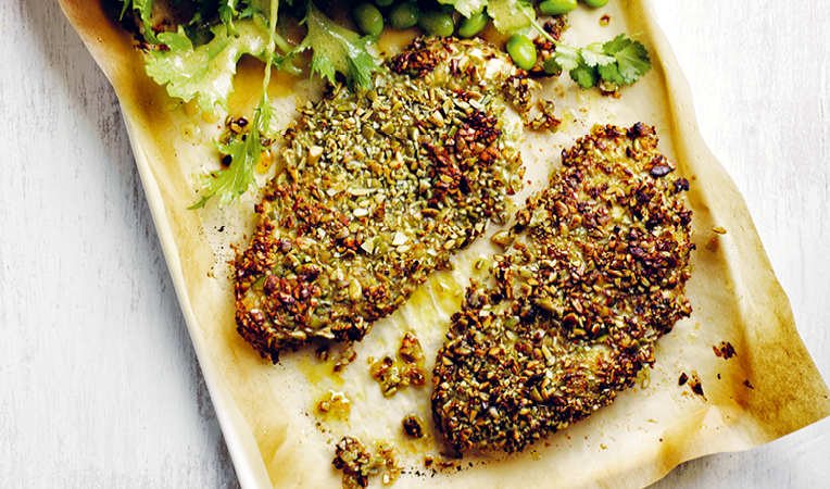 EASY WEEKNIGHTS PEPITA-CRUSTED CHICKEN WTIH AVOCADO AND EDAMAME SALAD