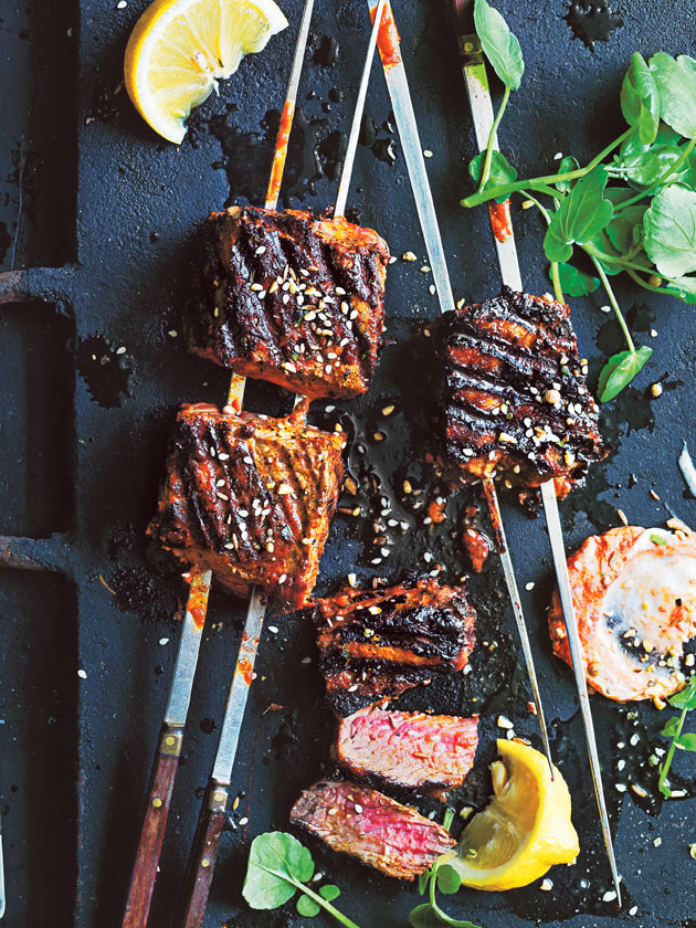 CROWD FAVOURITE SPICY TAHINI AND HARISSA BEEF SKEWERS