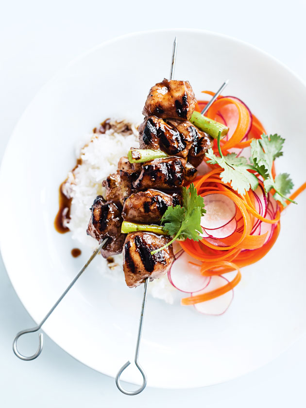 SIMPLE DINNERS STICKY FIVE-SPICE CHICKEN SKEWERS WITH RADISH AND CARROT SALAD 