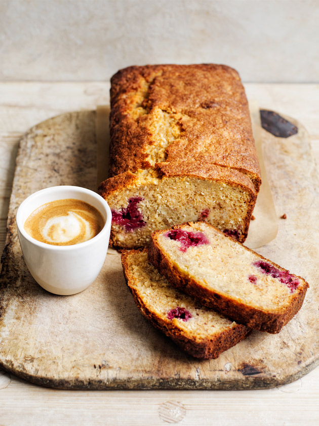 SIMPLE AND DELICIOUS BANANA BREAD WITH RASPBERRIES AND COCONUT
