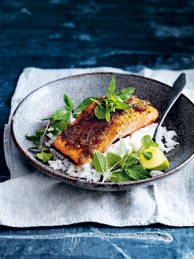 CROWD PLEASER CARAMELISED LEMONGRASS SALMON WITH COCONUT RICE