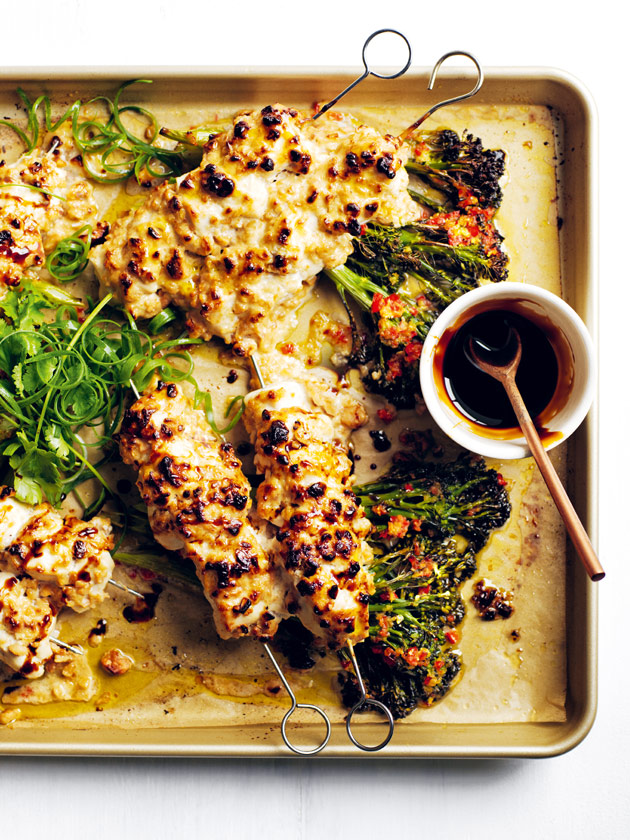 FAMILY FAVOURITE CASHEW SATAY CHICKEN SKEWERS WITH CHILLI GINGER BROCOLINI 