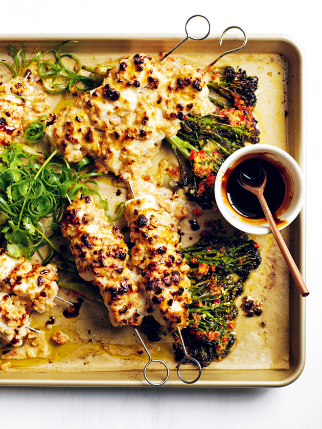 EASY WEEKNIGHTS CASHEW SATAY CHICKEN SKEWERS WITH CHILLI GINGER BROCCOLINI