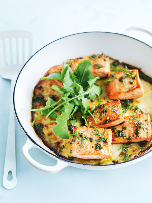 EASY WEEKNIGHTS CREAMY POTATO AND SALMON BAKE