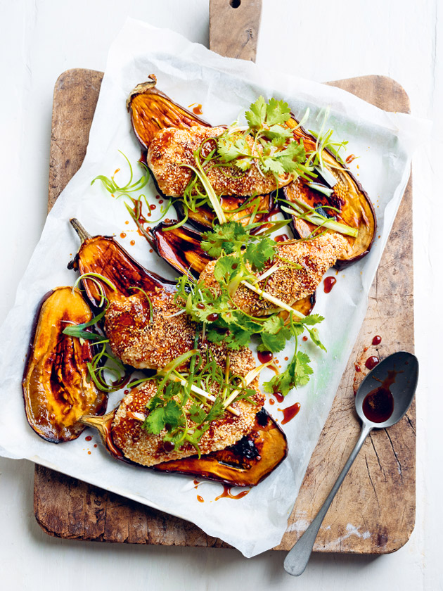EASY WEEKNIGHTS CRISPY MISO AND SESAME CHICKEN ON STICKY SOY EGGPLANT