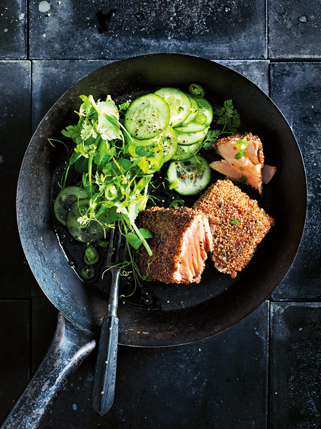 EASY WEEKNIGHTS DUKKAH-CRUSTED SALMON WITH CUCUMBER AND CHILLI SALAD