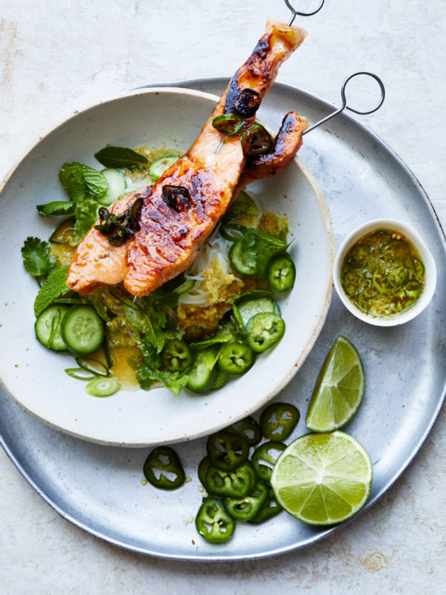 EASY WEEKNIGHTS GREEN CHILLI AND GINGER GRILLED SALMON SKEWERS