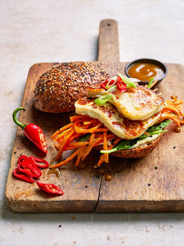 EASY WEEKNIGHTS HALOUMI BURGER WITH MISO CARROT SALAD