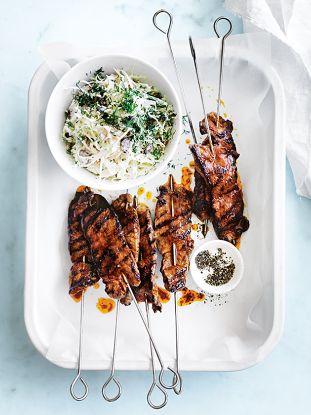 EASY WEEKNIGHTS HARISSA BEEF SKEWERS WITH TAHINI SLAW