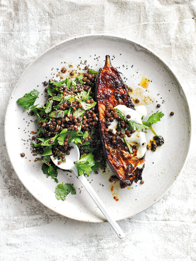 CROWD PLEASER HARISSA ROASTED EGGPLANT WITH LENTIL AND HERB SALAD