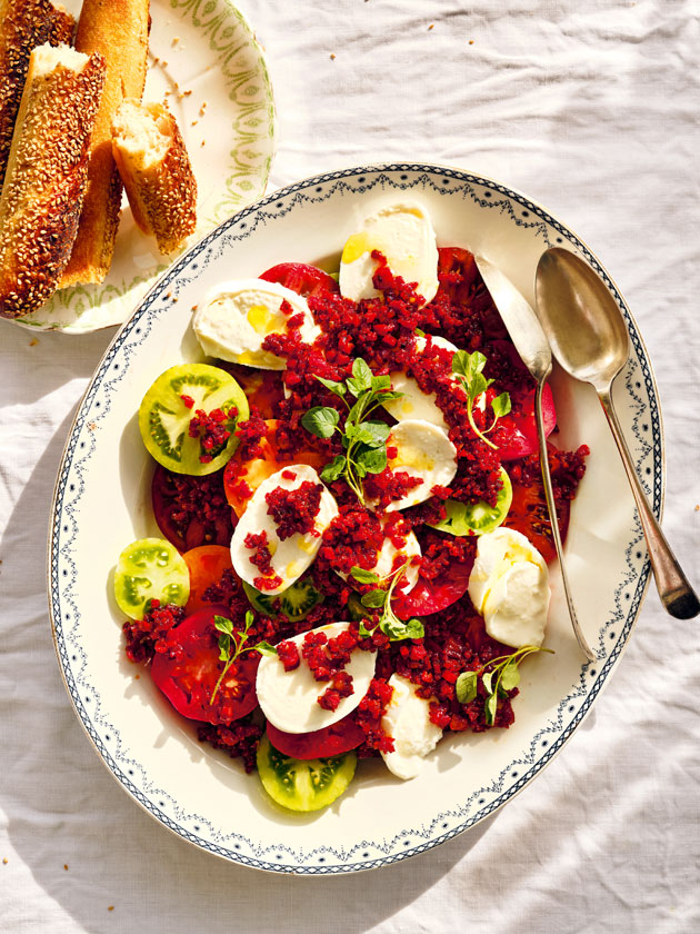 SUNSHINE, LEMONS AND SEA SALT HONEY-FRIED CHORIZO WITH MOZZARELLA AND TOMATOES