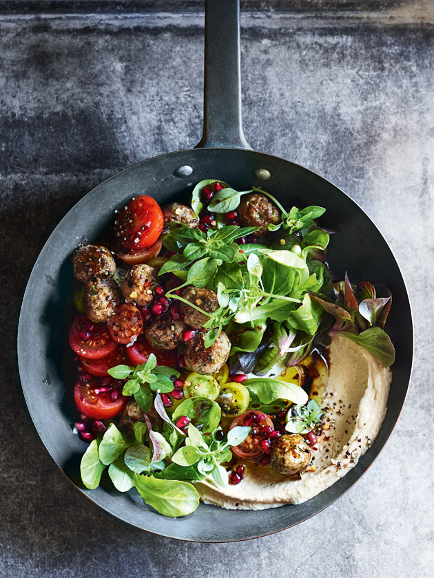 CROWD FAVOURITE LAMB KOFTA WITH POMEGRANATE AND TOMATO SALAD