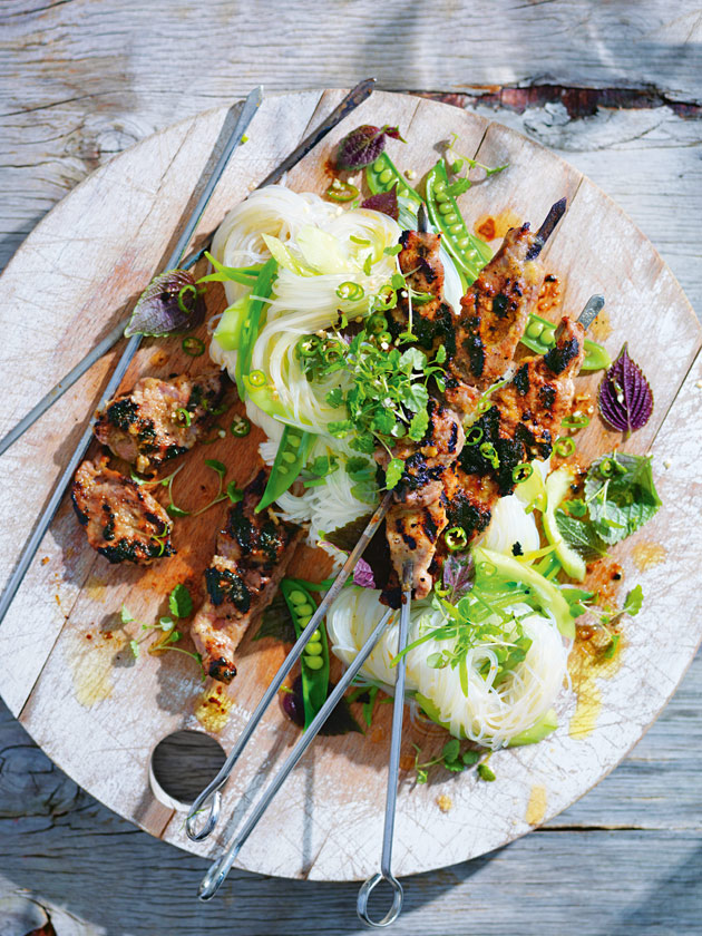 CROWD PLEASER LEMONGRASS PORK SKEWERS WITH PEA AND RICE NOODLE SALAD