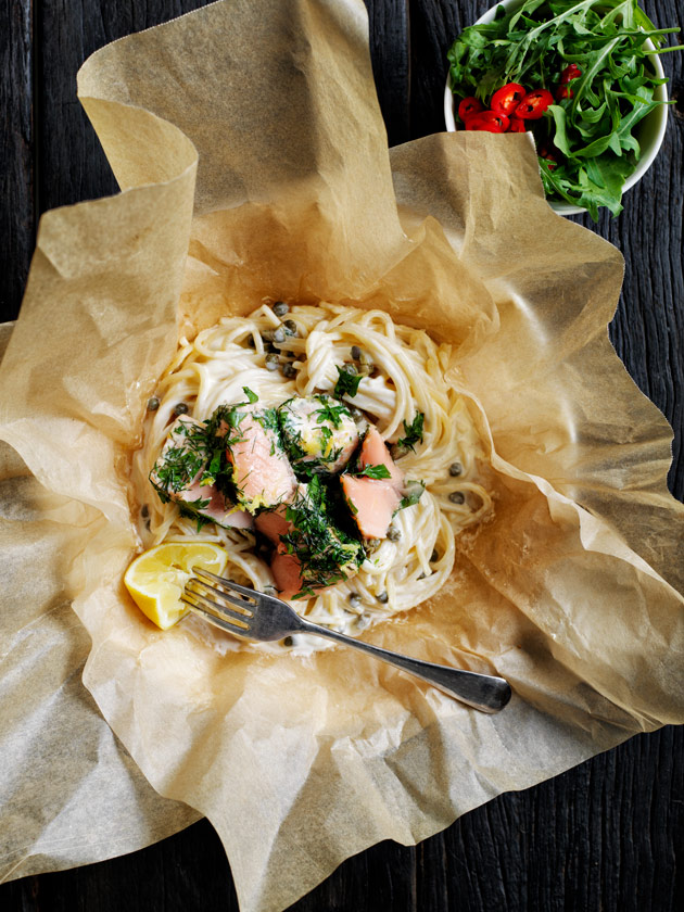 EASY ENTERTAINING PAPER BAG SPAGHETTI WITH HERB CRUSTED SALMON