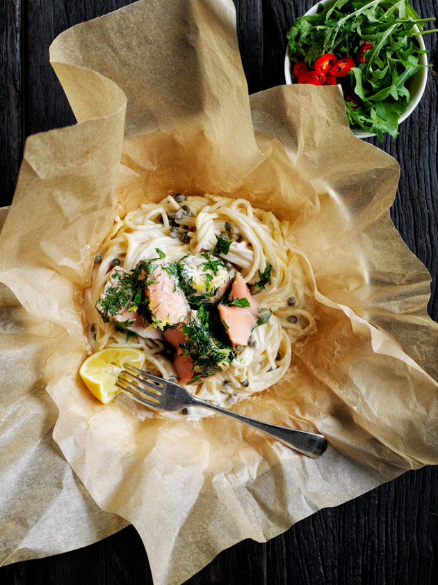 IMPRESSIVE DINNERS PAPER BAG SPAGHETTI WITH HERB CRUSTED SALMON