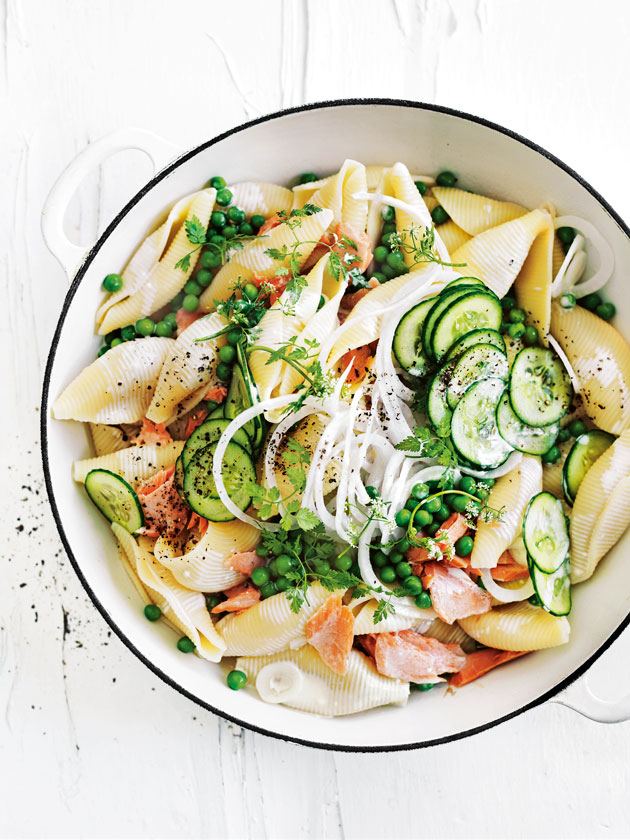 EASY WEEKNIGHTS PEA AND PASTA SALAD WITH SMOKED SALMON AND CREME FRAICHE