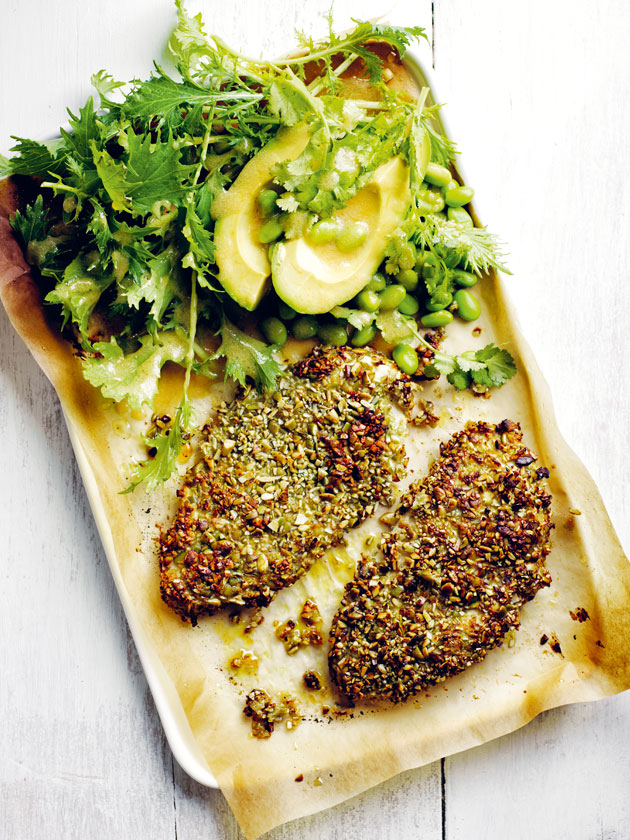 EASY WEEKNIGHTS PEPITA-CRUSTED CHICKEN WITH AVOCADO AND EDAMAME SALAD