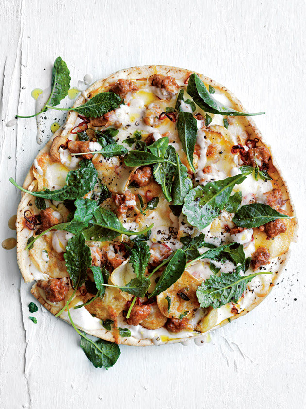 EASY WEEKNGIHTS SMOKY EGGPLANT, LAMB SAUSAGE AND POTATO PIZZA