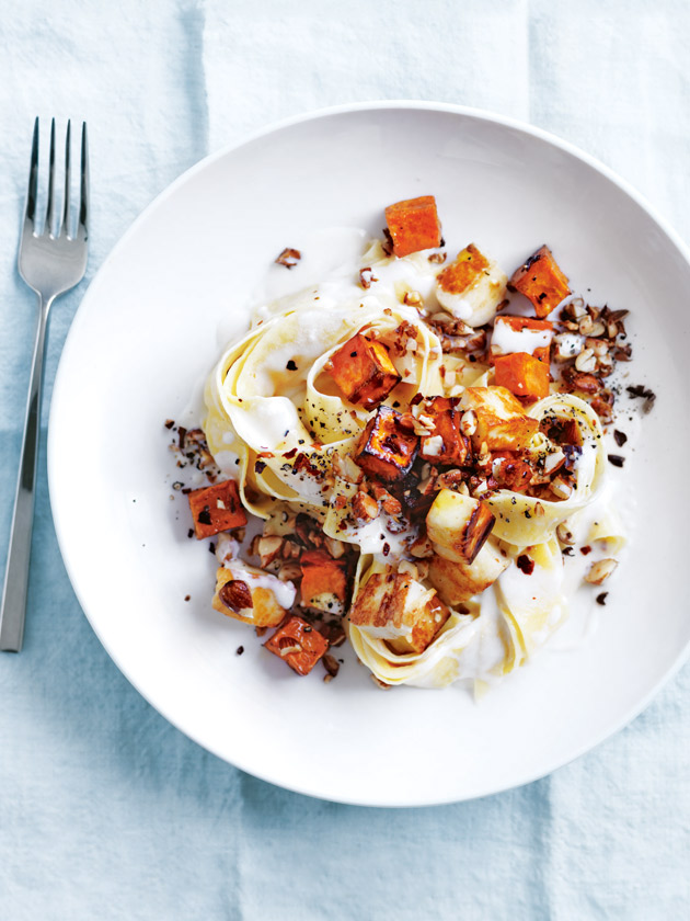 EASY WEEKNIGHTS SWEET POTATO, HALOUMI AND ALMOND PAPPARDELLE