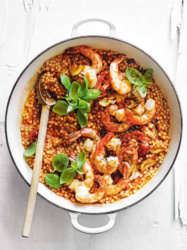 smoky prawns with israeli couscous