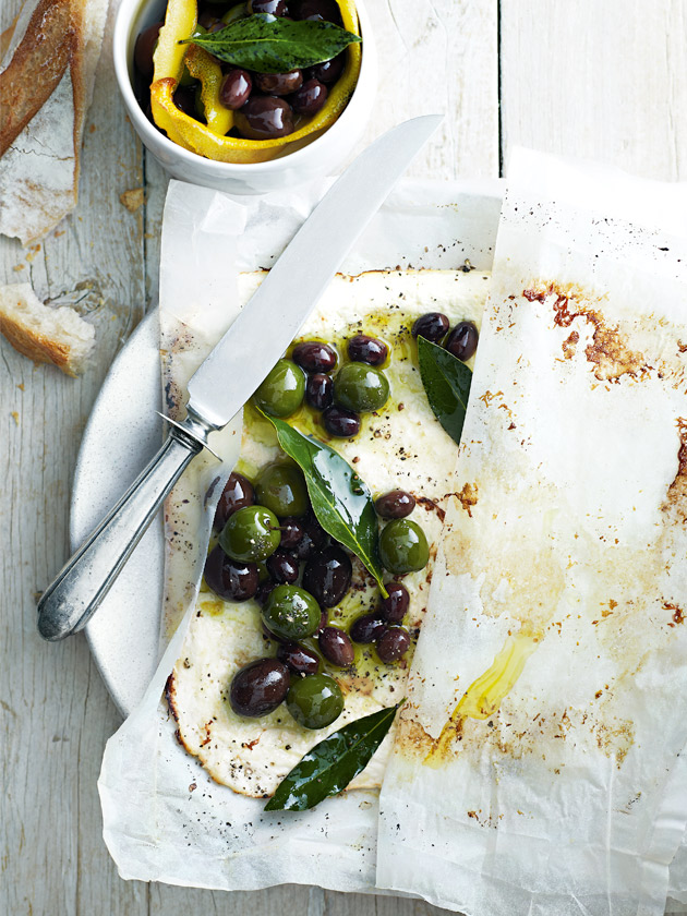 Parmesan baked ricotta with marinated olives