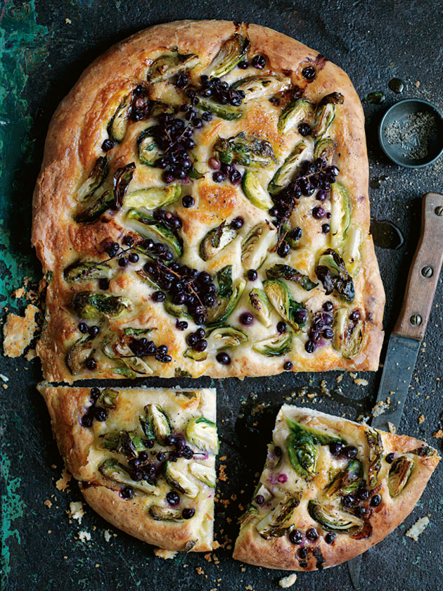 Blackcurrant, brussels sprout and cheese flatbreads