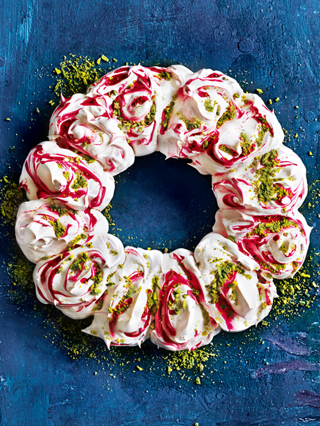 Raspberry swirl pavlova wreath