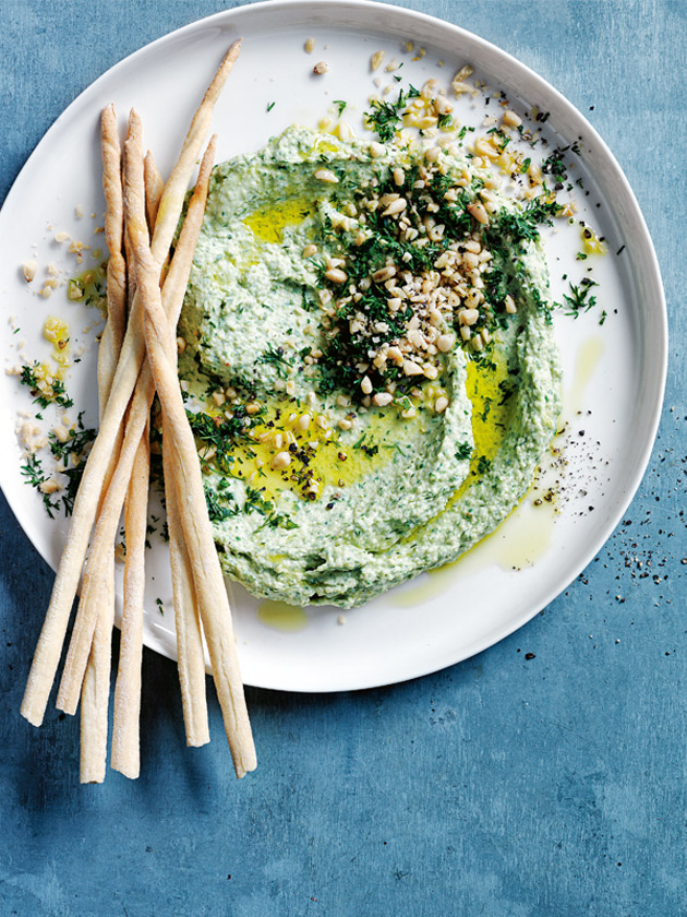 Spinach, feta and dill hummus with pine nuts