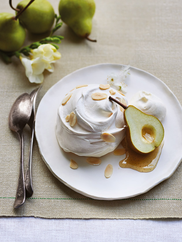 almond meringue with vanilla poached pear