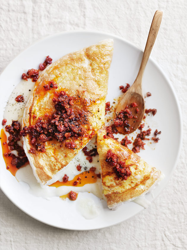 Souffle Omelette With Crispy Chorizo And Brie | Donna Hay