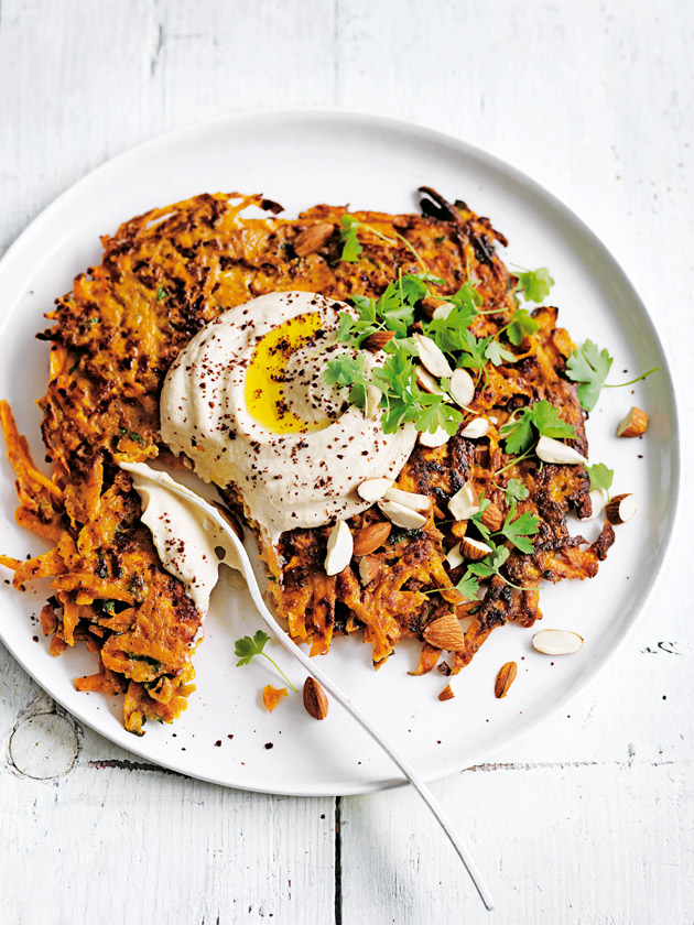 Sweet Potato Fritters With Hummus And Almonds | Donna Hay