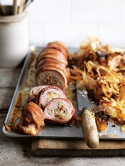 blue-cheese stuffed pork and bacon roast with sweet parsnip chips  Red Wine Gravy Blue cheese stuffed pork and bacon roast with swet parsnip chips