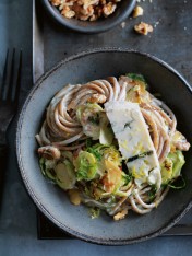 brussels sprout, walnut and gorgonzola spaghetti  Crispy Polenta-Lined Bocconcini Brussels sprouts walnut and gorgonzola spaghetti