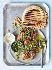 char-grilled rooster with green chilli and corn salsa