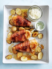 prosciutto-wrapped rooster with herbed sour cream and crispy potatoes