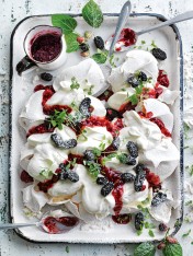 smashed pavlova with mulberries and roasted raspberry jam