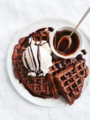 chocolate chai waffles with spiced chocolate syrup