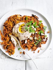 sweet potato fritters with hummus and almonds