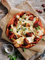 tomato, chorizo and zucchini cheat’s pizza