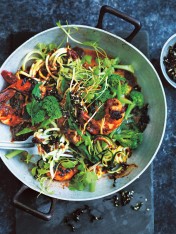 chilli prawn stir-fry with zucchini noodles and seaweed crumb