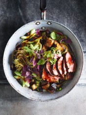 asian pork and green tea noodle salad with charred eggplant