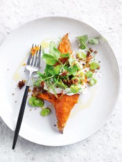 baked sweet potato with huge beans, labne and rye crumbs