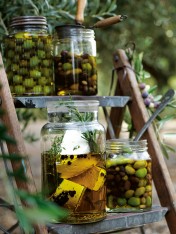 bay leaf and thyme confit feta  Crispy Polenta-Lined Bocconcini bay leaf and thyme confit feta and warm lemon olive oil marinated olives