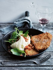 beef and horseradish schnitzel with deconstructed colcannon