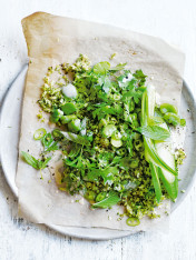 broccoli, broad bean and cucumber tabouli with creamy hummus dressing