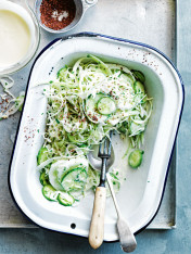 cabbage, celery and cucumber slaw with tahini dressing  Crispy Polenta-Lined Bocconcini cabbage celery and cucumber slaw with tahini dressing