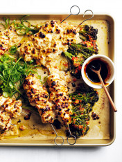 cashew satay chicken skewers with chilli ginger brocolini
